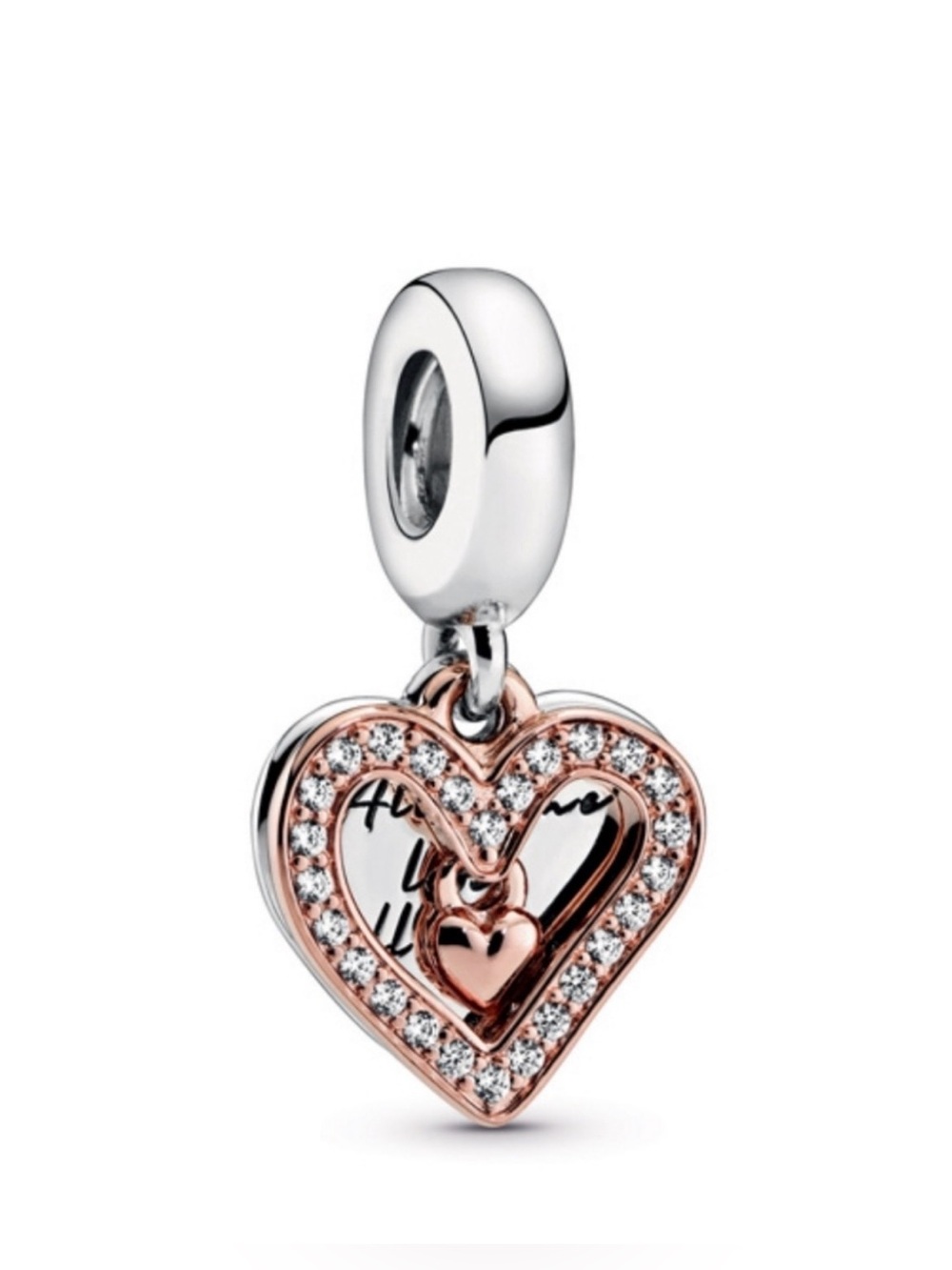 Pandora Rose Gold and Silver Double Heart Dangle Charm with Cubic Stones